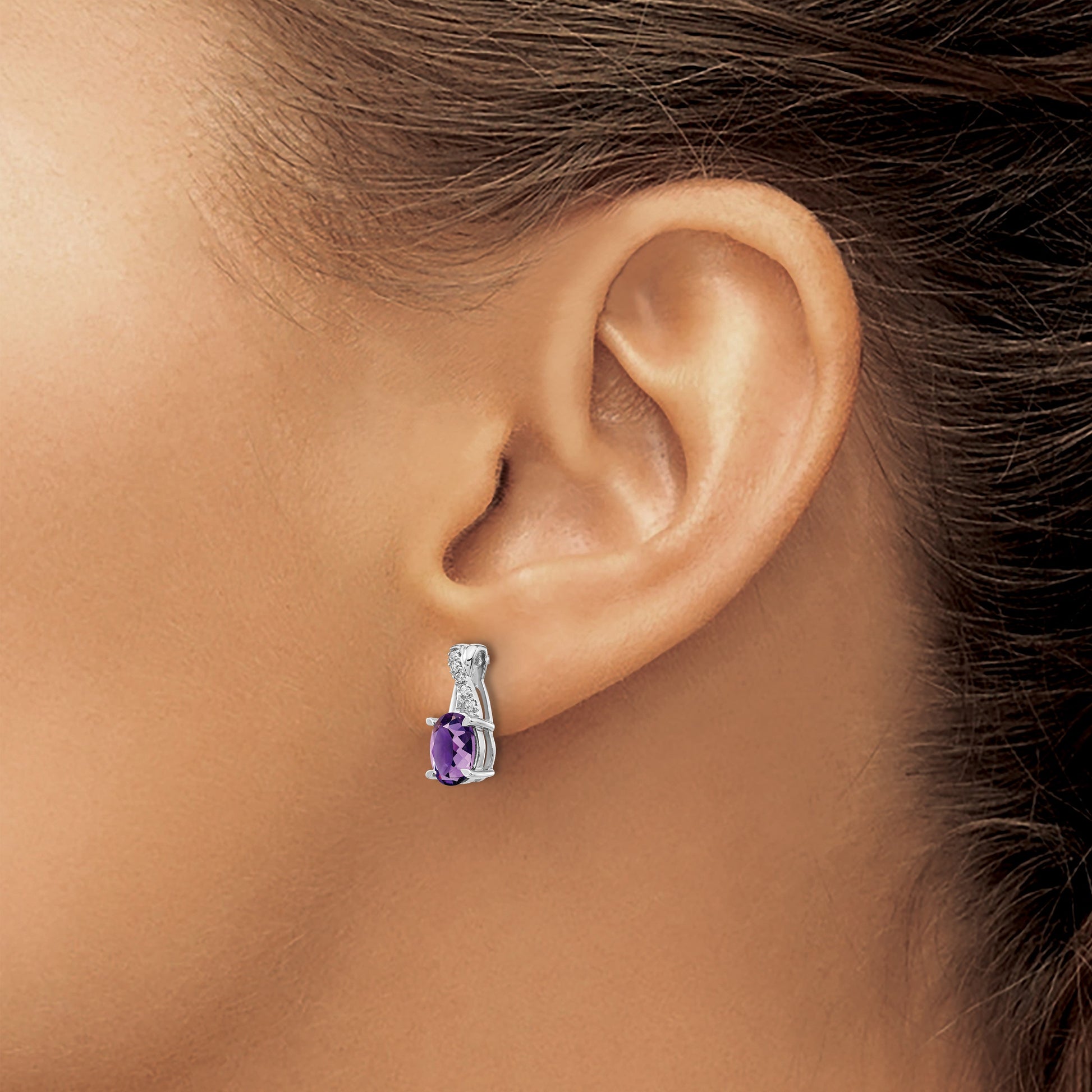 14k White Gold 7x5 Oval February/Amethyst and Diamond Earrings