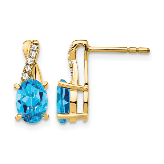 14k 7x5 Oval December/Blue Topaz and Diamond Post Earrings