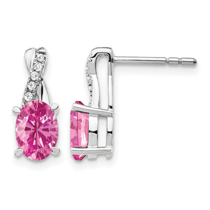 14K White Gold 7x5 Oval October/Lab Created Pink Sapphire and Diamond Earrings