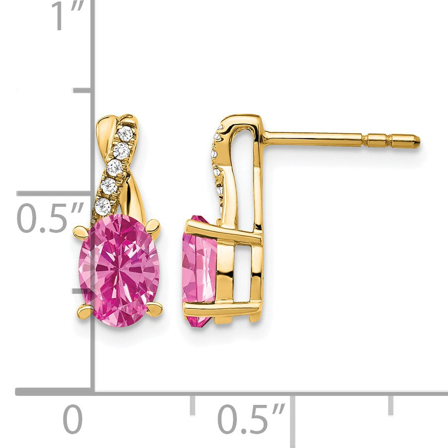 14k 7x5 Oval October/Lab Created Pink Sapphire and Diamond Post Earrings