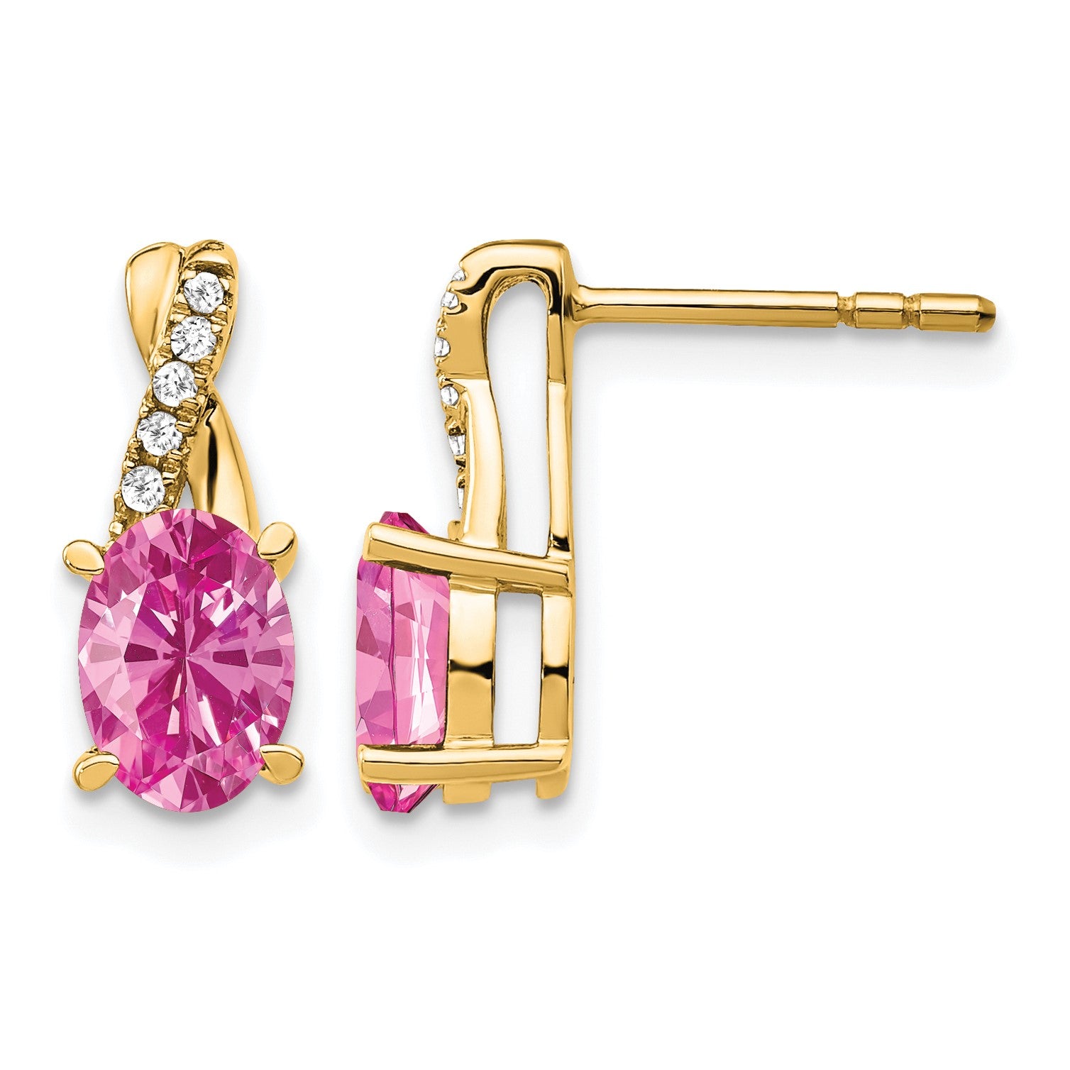 14k 7x5 Oval October/Lab Created Pink Sapphire and Diamond Post Earrings