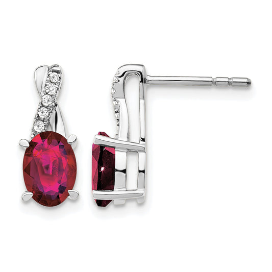 14K White Gold 7x5 Oval July/Lab Created Ruby and Diamond Earrings