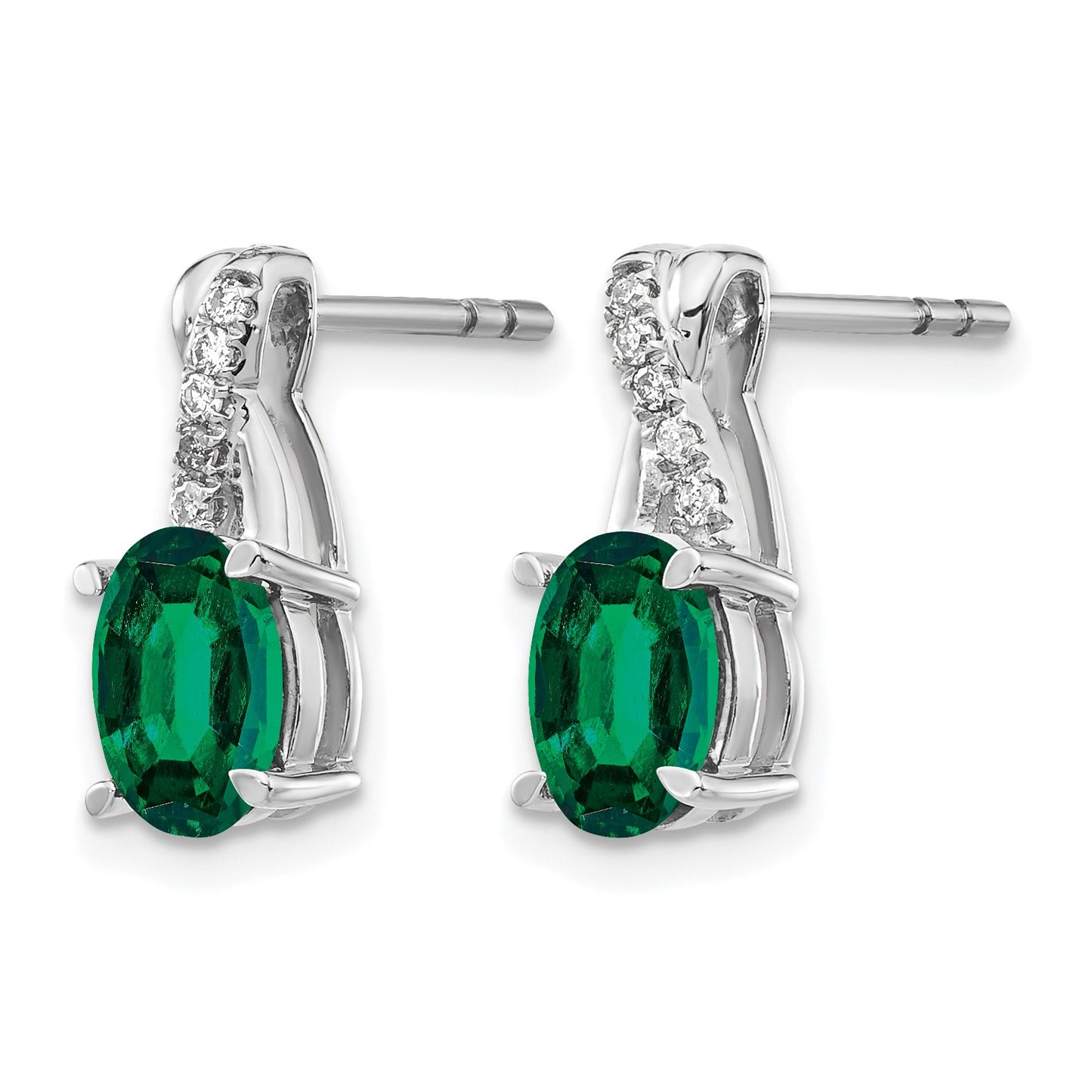 14k White Gold 7x5mm Oval Lab Created Emerald and Diamond Post Earrings