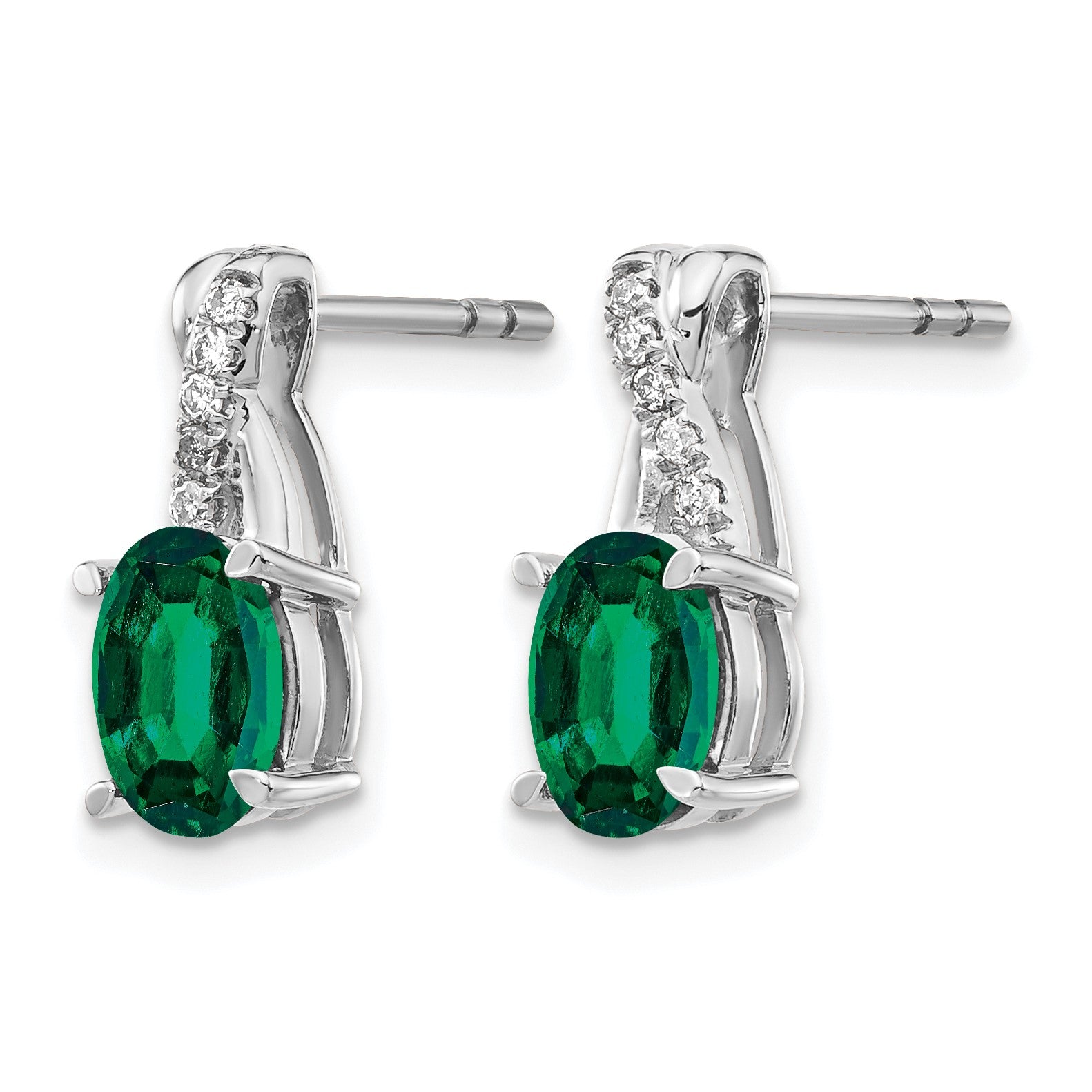 14k White Gold 7x5mm Oval Lab Created Emerald and Diamond Post Earrings