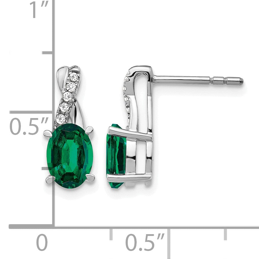 14k White Gold 7x5mm Oval Lab Created Emerald and Diamond Post Earrings
