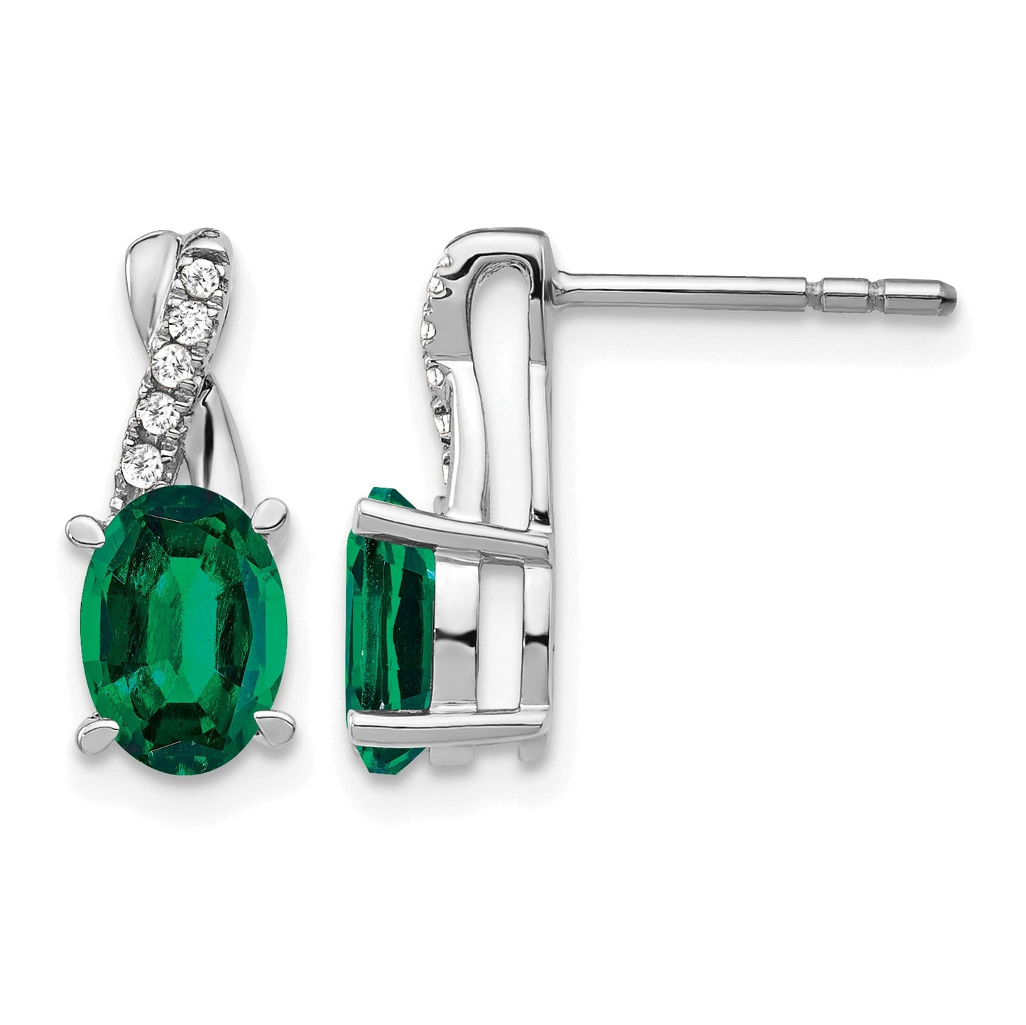 14k White Gold 7x5mm Oval Lab Created Emerald and Diamond Post Earrings