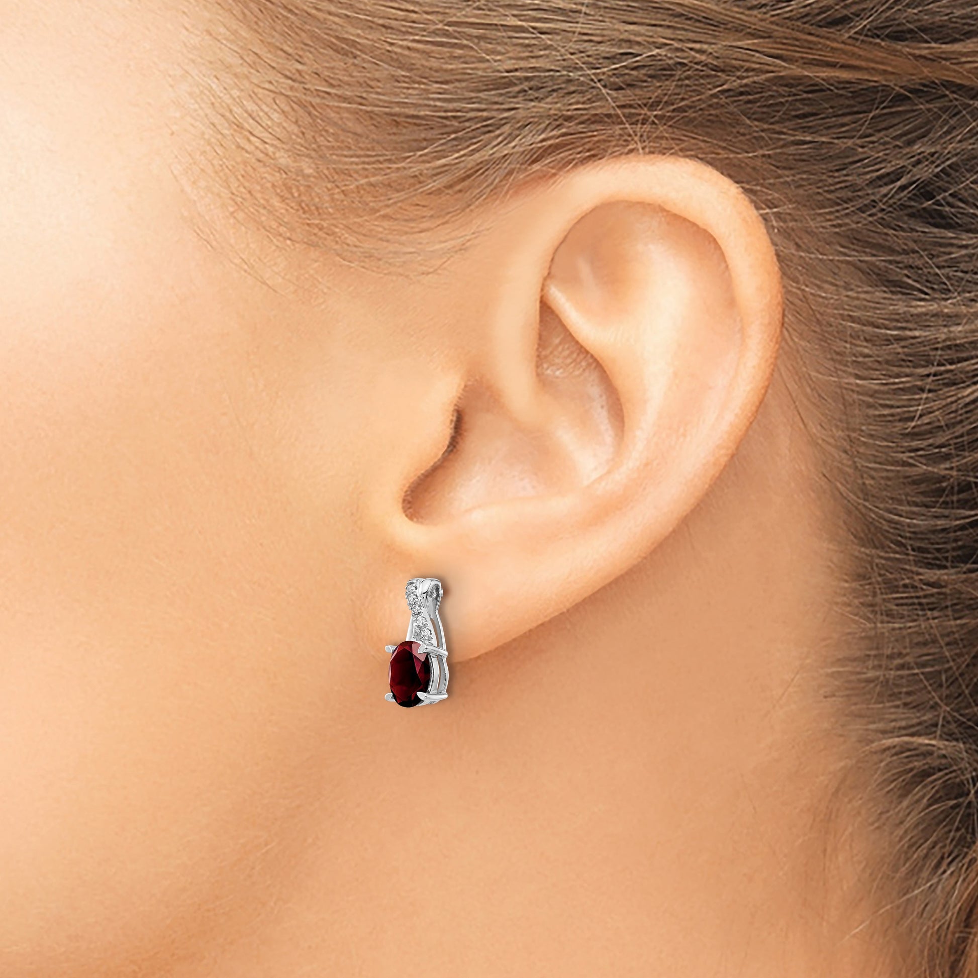 14k White Gold 7x5 Oval January/Garnet and Diamond Earrings