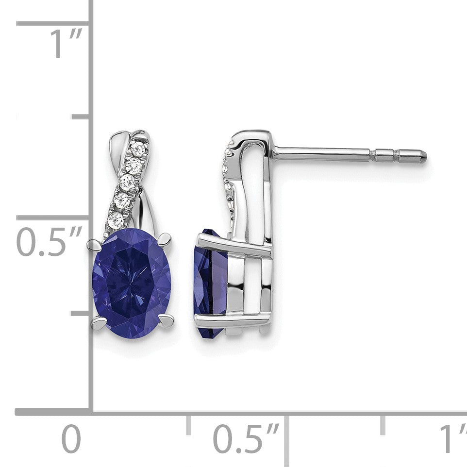 14k White Gold 7x5mm Oval Sapphire and Diamond Post Earrings