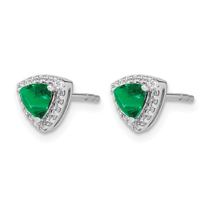 14k White Gold 4.5mm Trillion Emerald and Diamond Halo Post Earrings