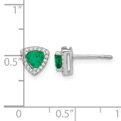 14k White Gold 4.5mm Trillion Emerald and Diamond Halo Post Earrings