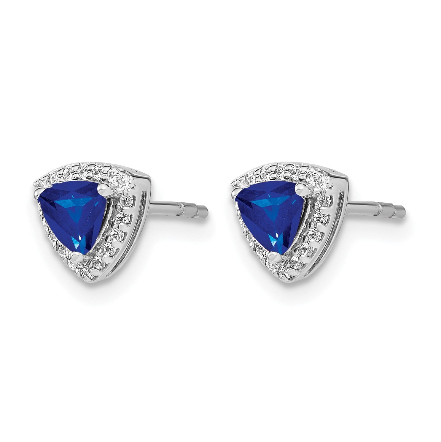 14k White Gold 4.5mm Trillion Sapphire and Diamond Halo Post Earrings