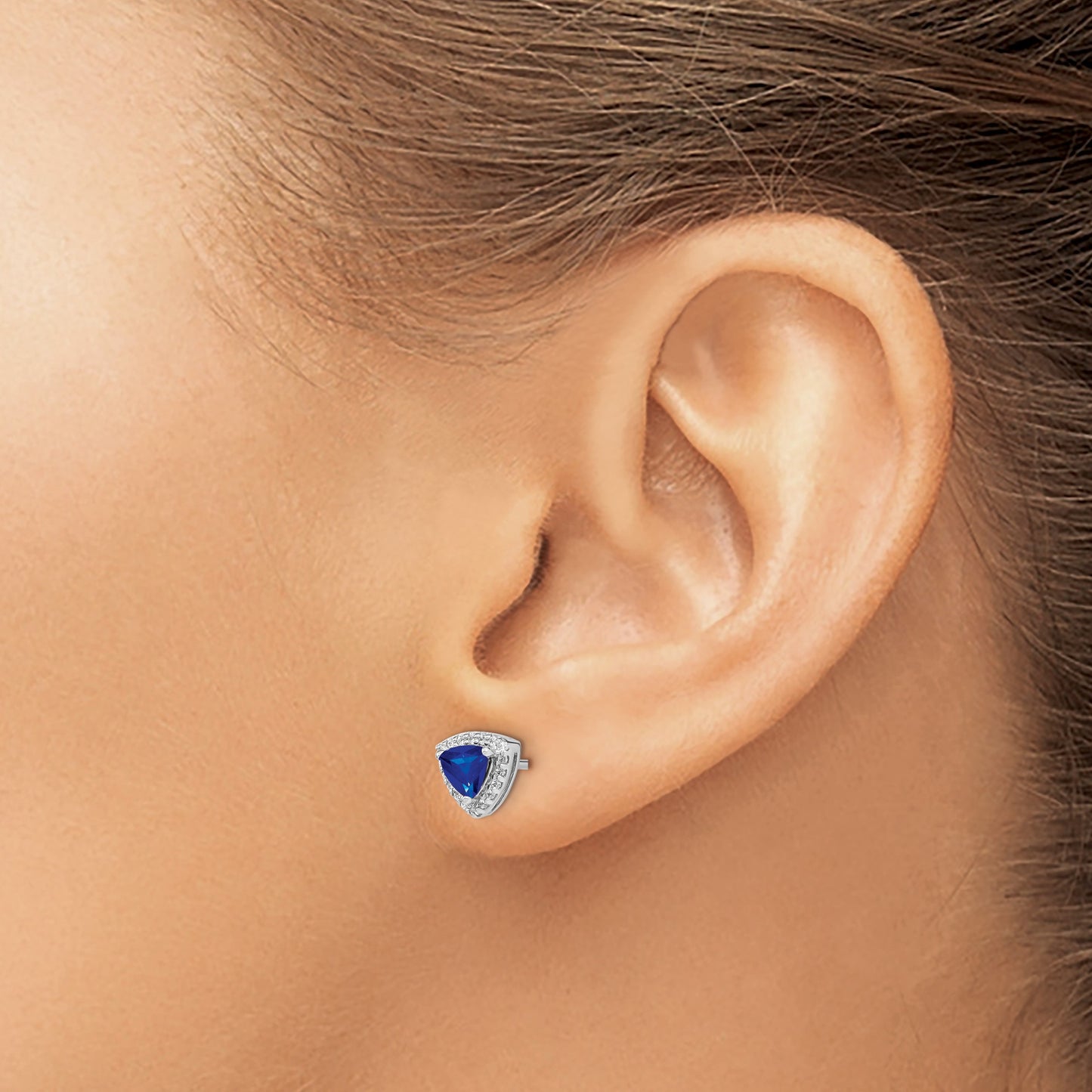 14k White Gold 4.5mm Trillion Sapphire and Diamond Halo Post Earrings