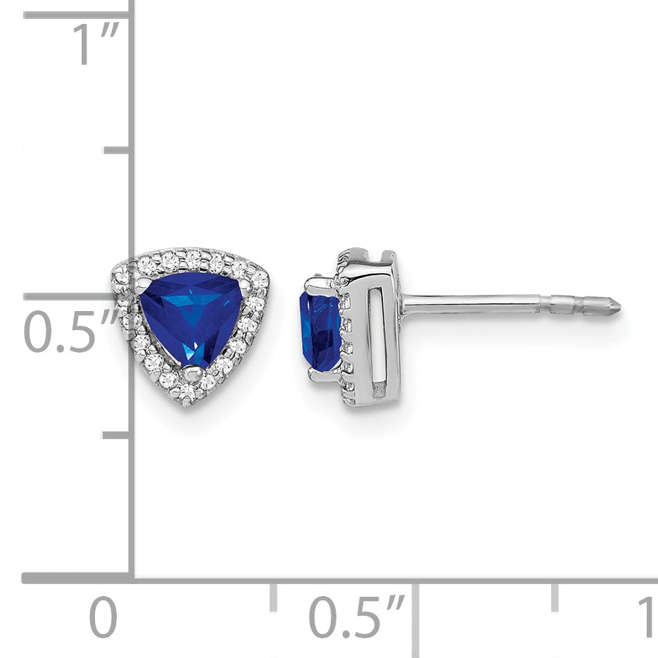 14k White Gold 4.5mm Trillion Sapphire and Diamond Halo Post Earrings