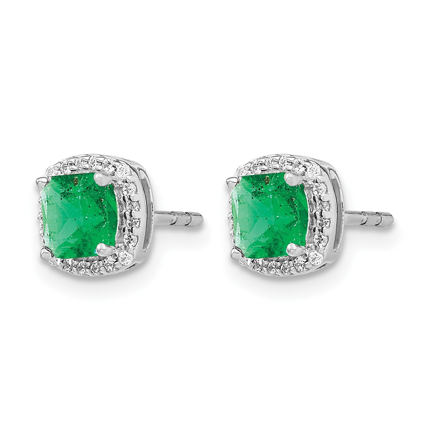 14k White Gold 5mm Cushion Emerald and Diamond Halo Post Earrings