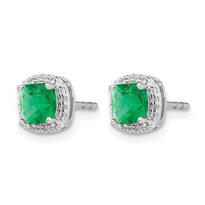 14k White Gold 5mm Cushion Emerald and Diamond Halo Post Earrings