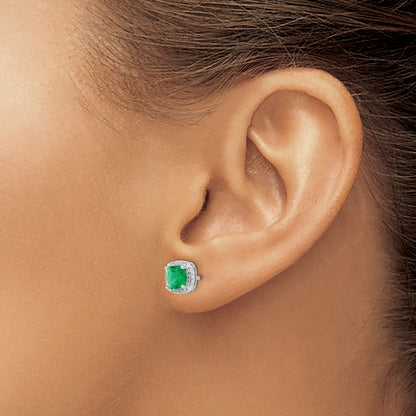 14k White Gold 5mm Cushion Emerald and Diamond Halo Post Earrings