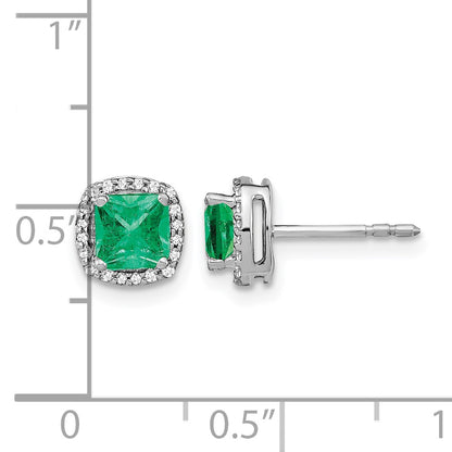 14k White Gold 5mm Cushion Emerald and Diamond Halo Post Earrings