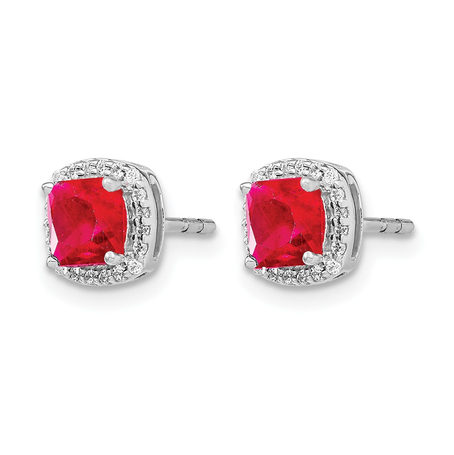 14k White Gold 5mm Cushion Ruby and Diamond Halo Post Earrings