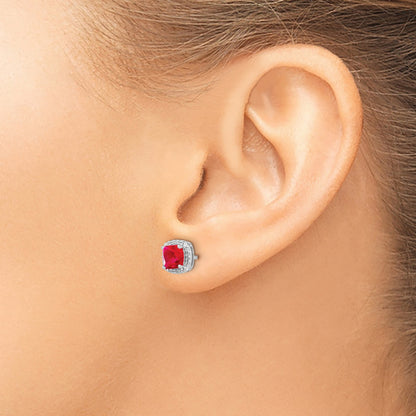 14k White Gold 5mm Cushion Ruby and Diamond Halo Post Earrings