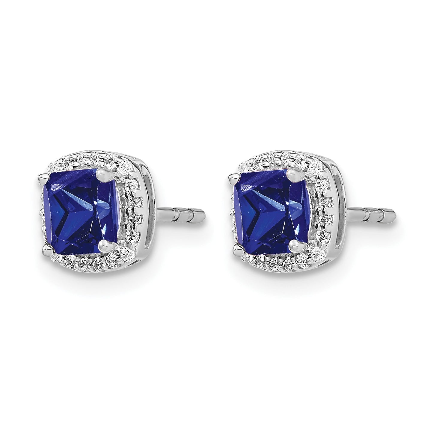 14k White Gold 5mm Cushion Sapphire and Diamond Halo Post Earrings