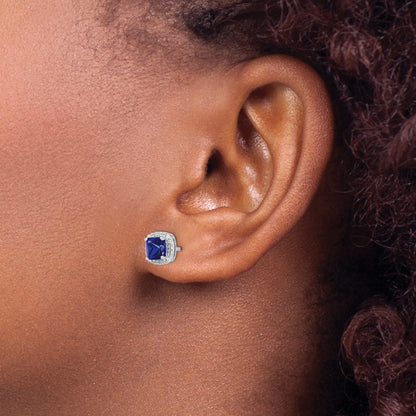 14k White Gold 5mm Cushion Sapphire and Diamond Halo Post Earrings
