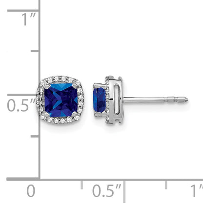14k White Gold 5mm Cushion Sapphire and Diamond Halo Post Earrings