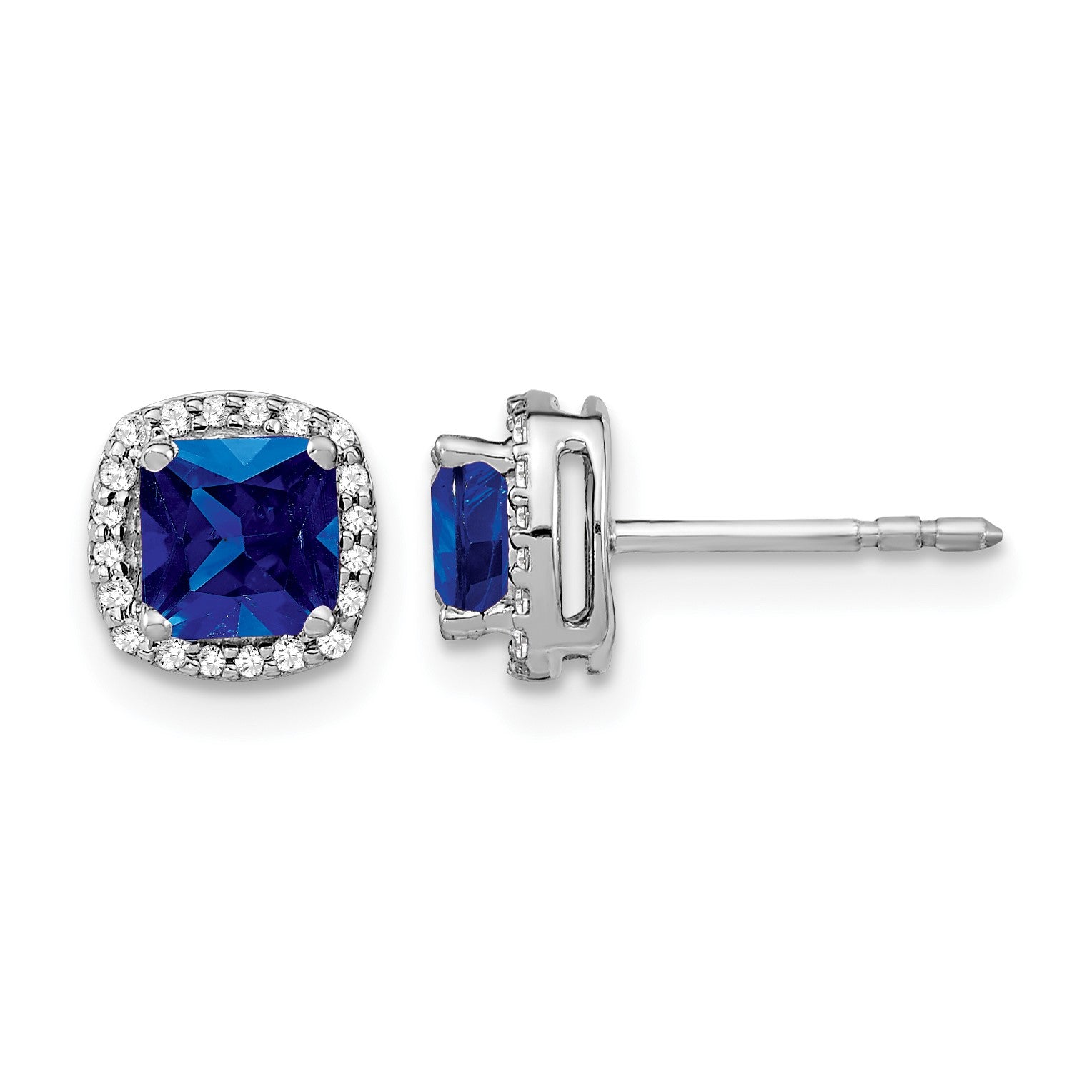 14k White Gold 5mm Cushion Sapphire and Diamond Halo Post Earrings