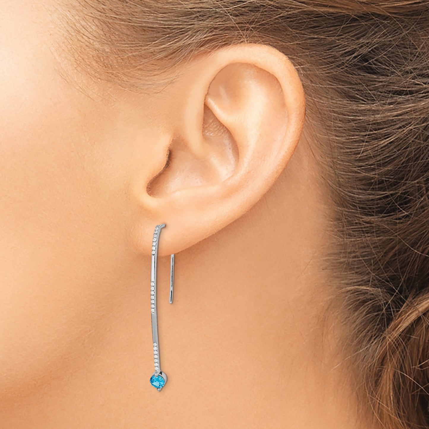 14k White Gold 1/5 carat Diamond and Round Blue Topaz Threader Earrings