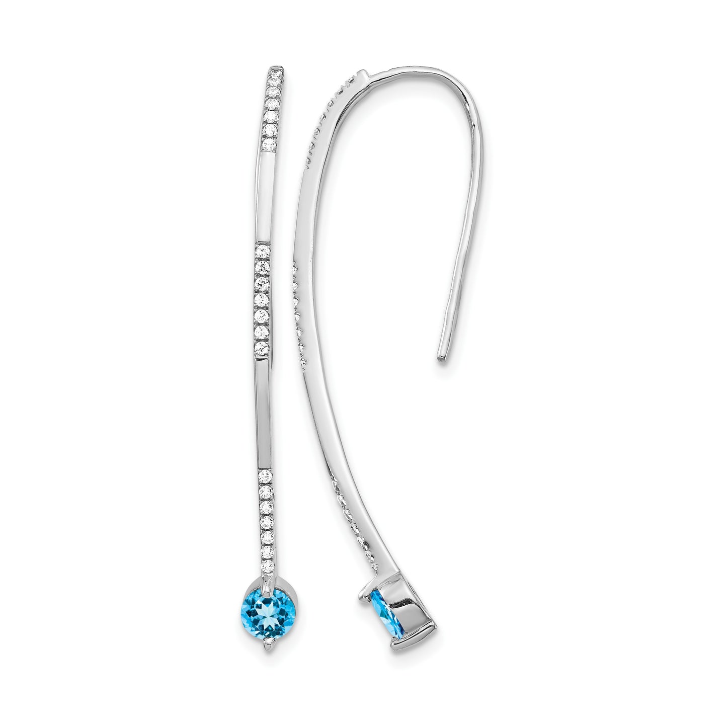 14k White Gold 1/5 carat Diamond and Round Blue Topaz Threader Earrings