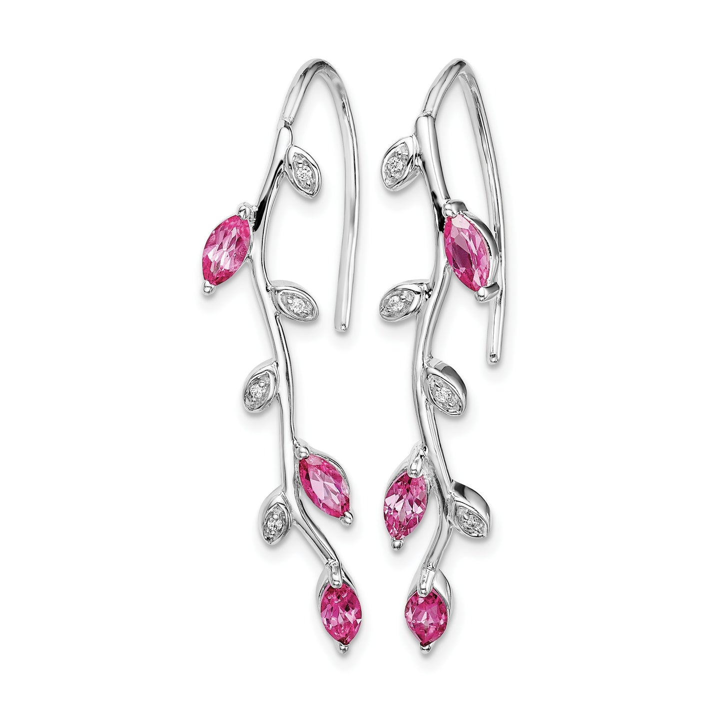 14k White Gold Diamond and Marquise Pink Sapphire Leaves Drop Wire Earrings