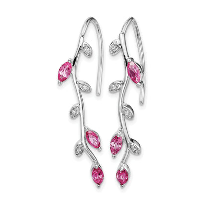 14k White Gold Diamond and Marquise Pink Sapphire Leaves Drop Wire Earrings