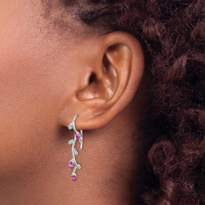 14k White Gold Diamond and Marquise Pink Sapphire Leaves Drop Wire Earrings