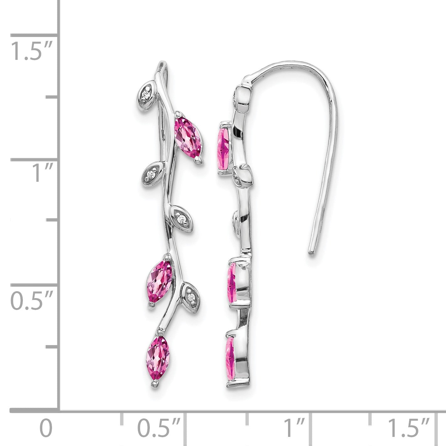 14k White Gold Diamond and Marquise Pink Sapphire Leaves Drop Wire Earrings