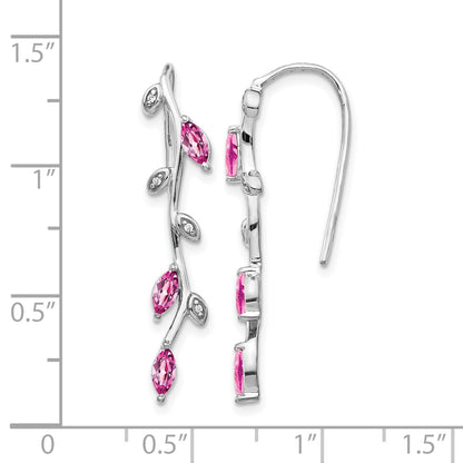 14k White Gold Diamond and Marquise Pink Sapphire Leaves Drop Wire Earrings