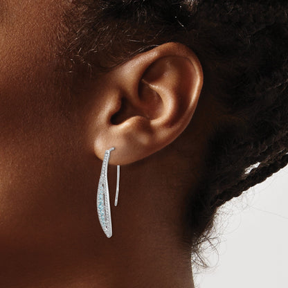14k White Gold Diamond and Aquamarine Leaf Drop Wire Earrings
