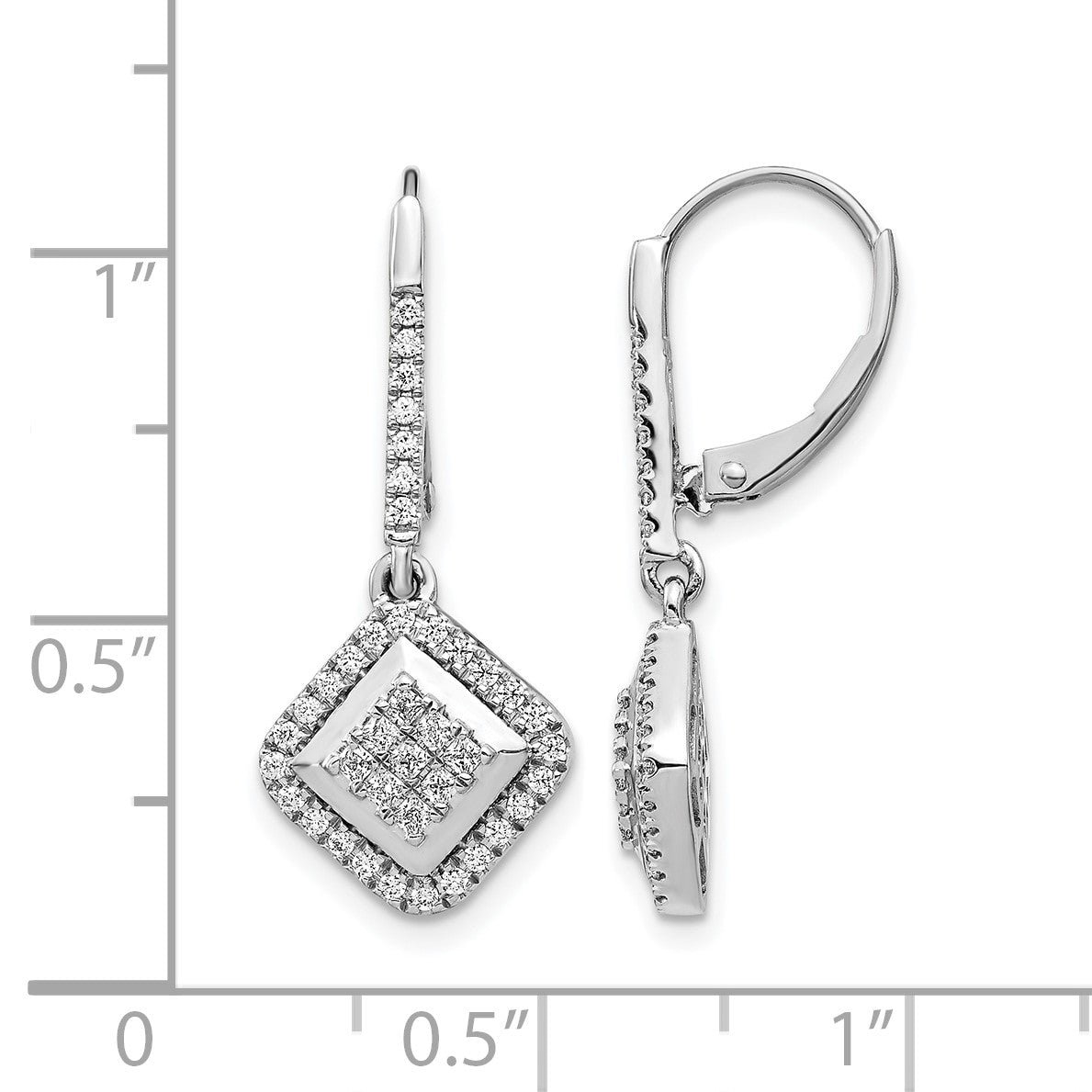 14k White Gold 1/2 carat Diamond Square Cluster Leverback Earrings