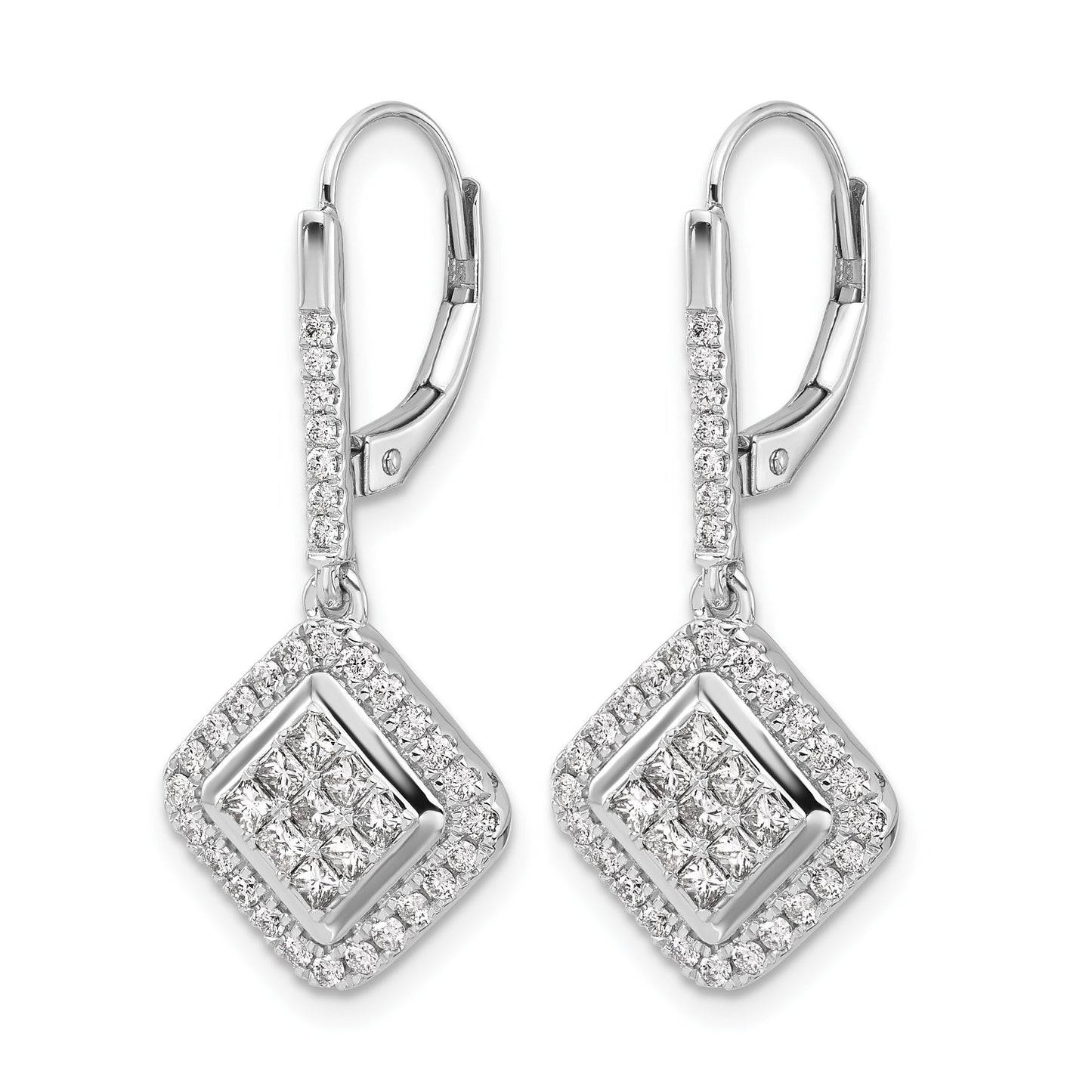 14k White Gold 1 carat Diamond Square Cluster Leverback Earrings