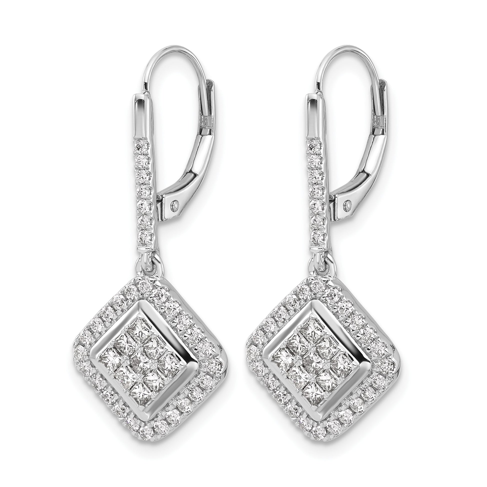 14k White Gold 1 carat Diamond Square Cluster Leverback Earrings