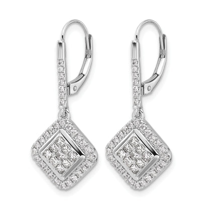 14k White Gold 1 carat Diamond Square Cluster Leverback Earrings