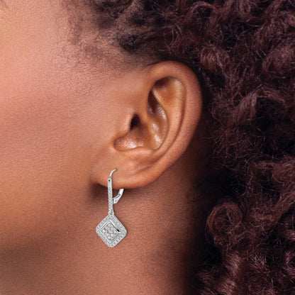 14k White Gold 1 carat Diamond Square Cluster Leverback Earrings