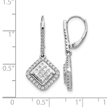 14k White Gold 1 carat Diamond Square Cluster Leverback Earrings
