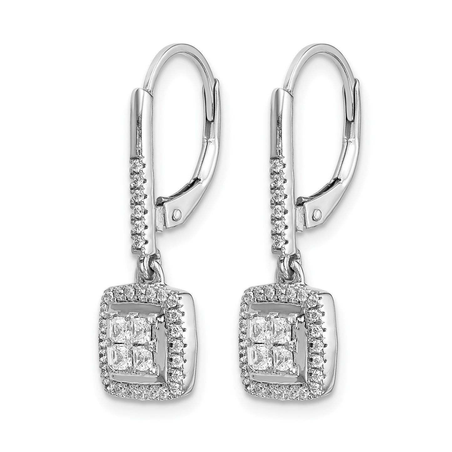 14k White Gold 1/2 carat Diamond Square Cluster Leverback Earrings