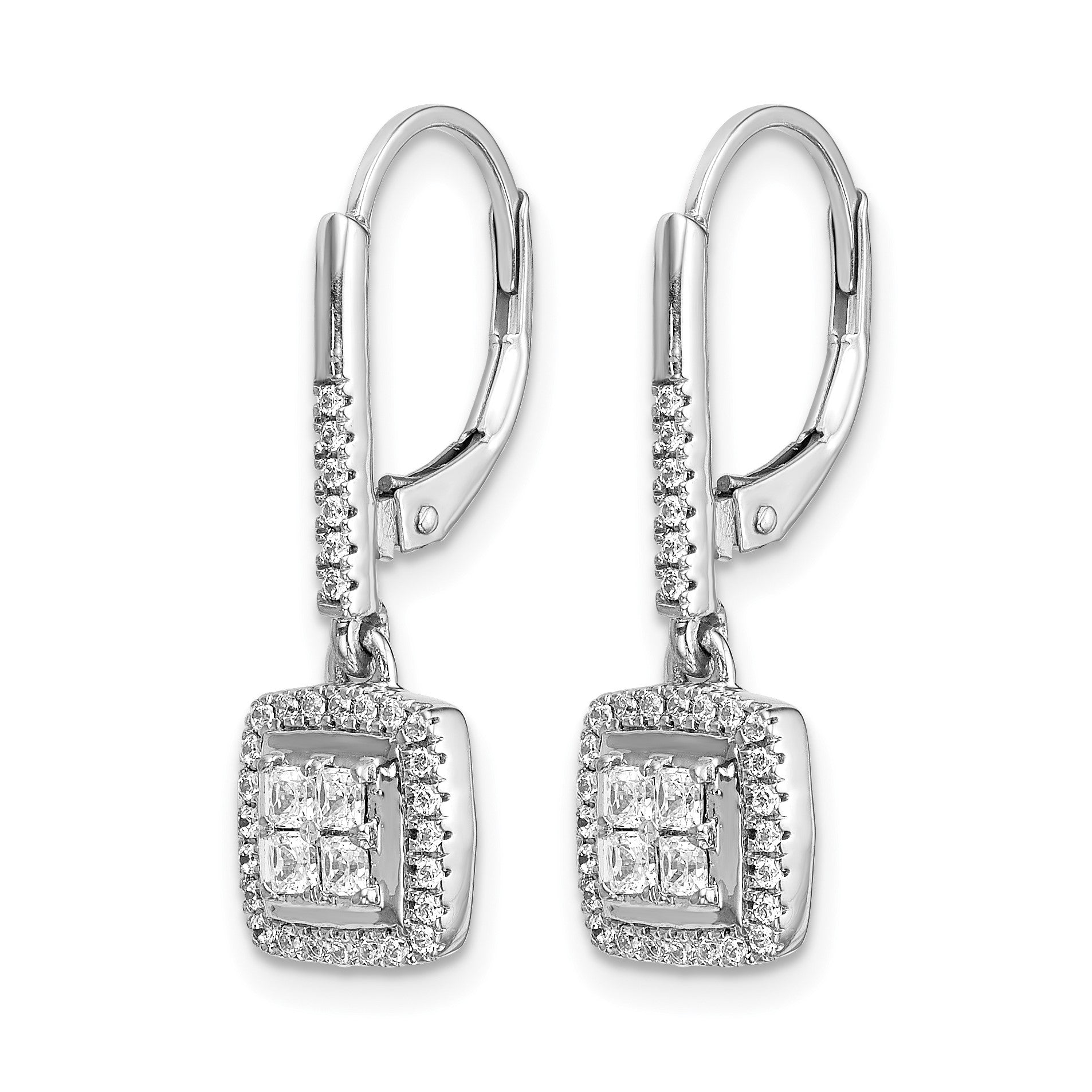 14k White Gold 1/2 carat Diamond Square Cluster Leverback Earrings