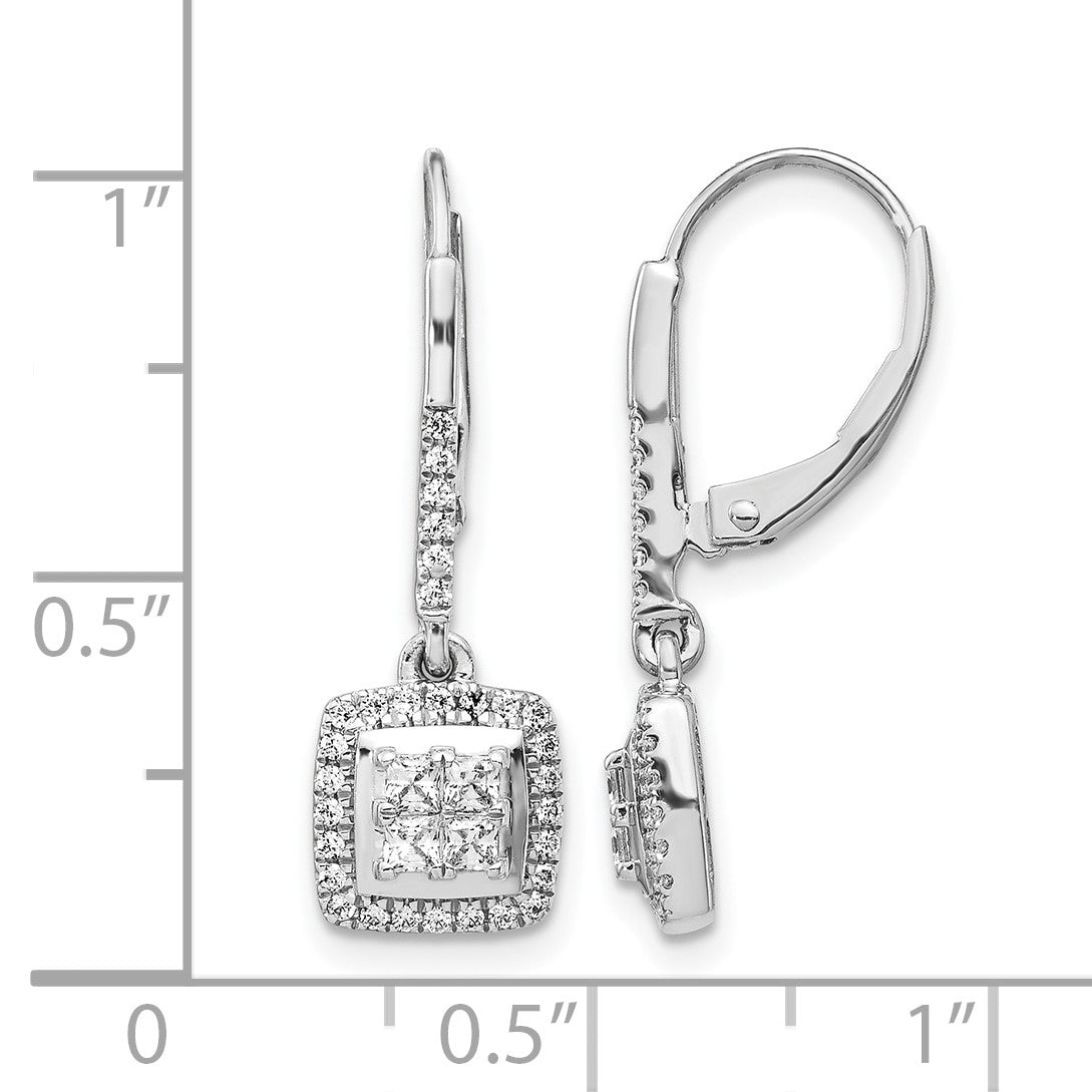 14k White Gold 1/2 carat Diamond Square Cluster Leverback Earrings