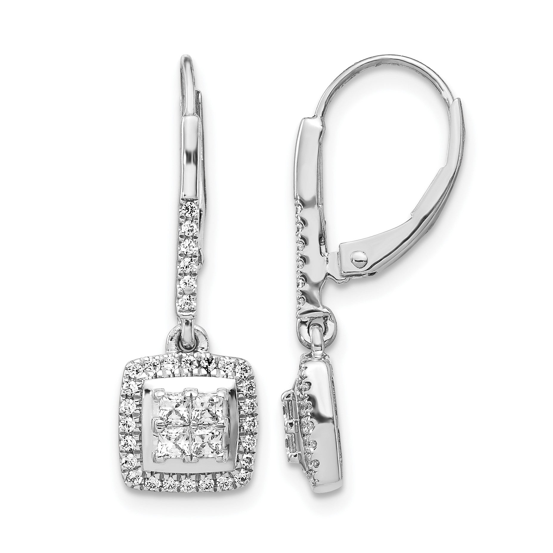 14k White Gold 1/2 carat Diamond Square Cluster Leverback Earrings