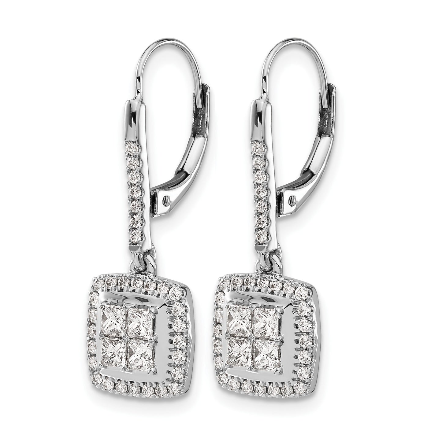 14k White Gold 1 carat Diamond Square Cluster Leverback Earrings