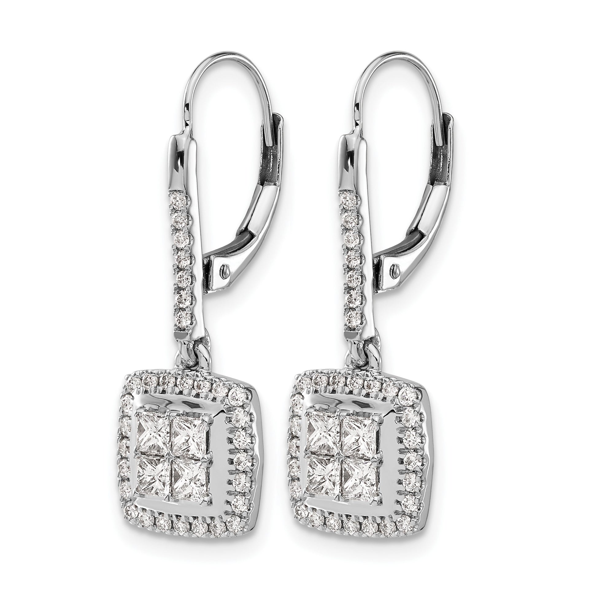 14k White Gold 1 carat Diamond Square Cluster Leverback Earrings