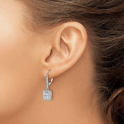 14k White Gold 1 carat Diamond Square Cluster Leverback Earrings