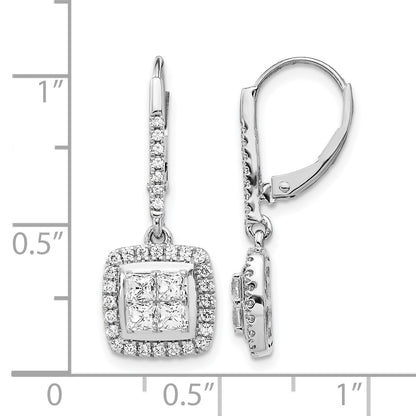 14k White Gold 1 carat Diamond Square Cluster Leverback Earrings