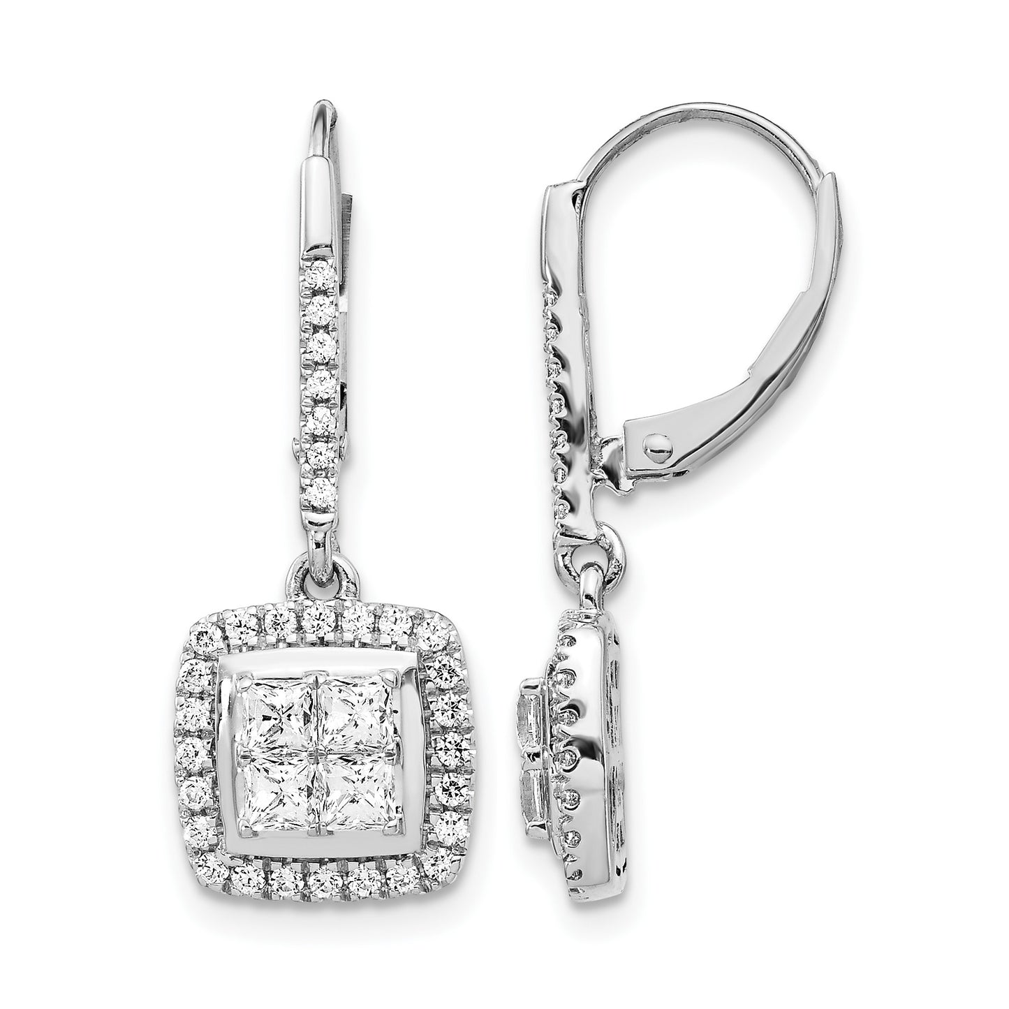 14k White Gold 1 carat Diamond Square Cluster Leverback Earrings